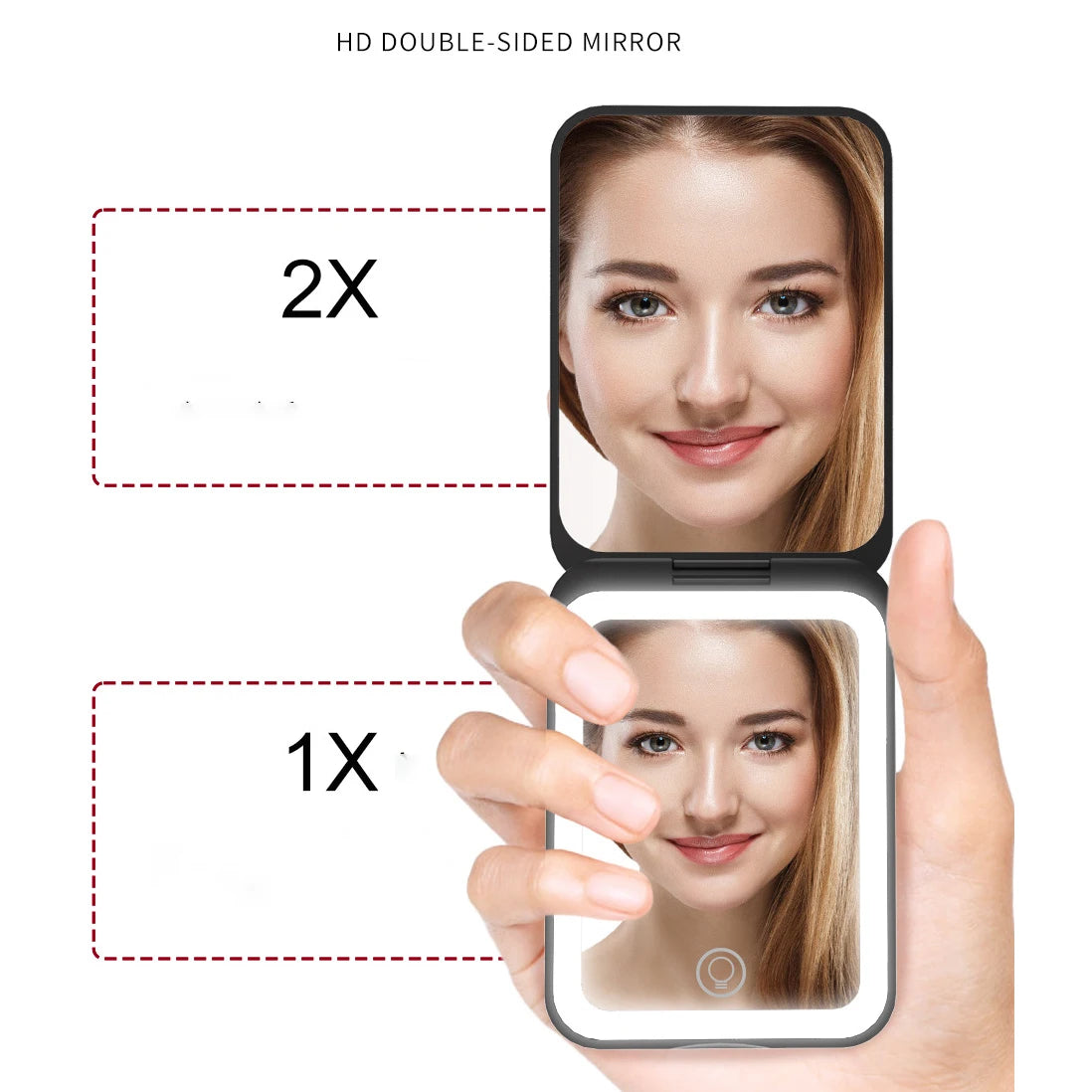 Zonyin Wholesale Portable Travel LED Light Makeup Mirror 1x/2x Magnifying USB Rechargeable Pocket Mirror for Customized Logo