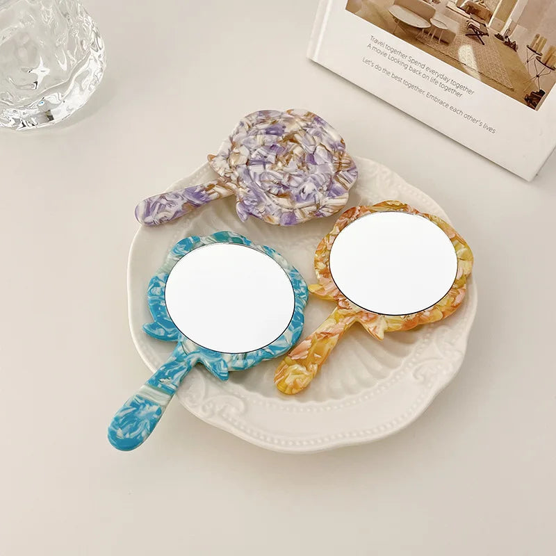 Zonyin Wholesale Rose Handheld Acetate Makeup Mirror Portable Compact Small Travel Mirror Acetate Beauty Salon Cosmetic Mirror