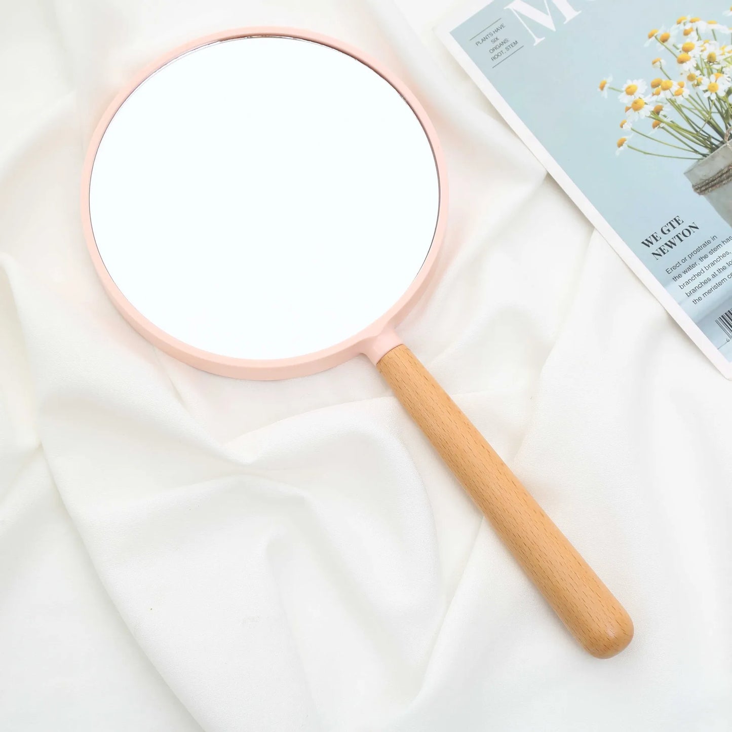 Zonyin Custom Logo Plastic Portable Small Handheld Mirror Round Double Sided Magnifying Cosmetic Mirror With Wooden Handle