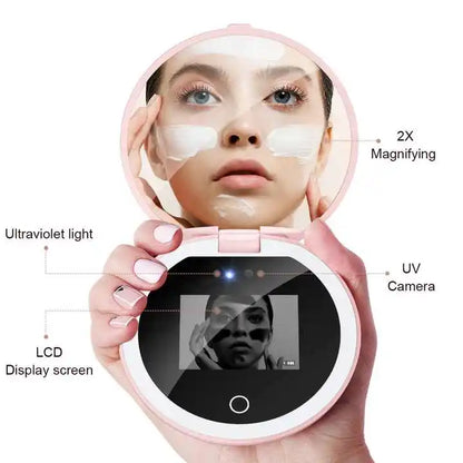 Zonyin Portable Round Smart Magnifying Pocket Cosmetic Mirror With LED Light and UV Sunscreen Detection for Girl Women Travel
