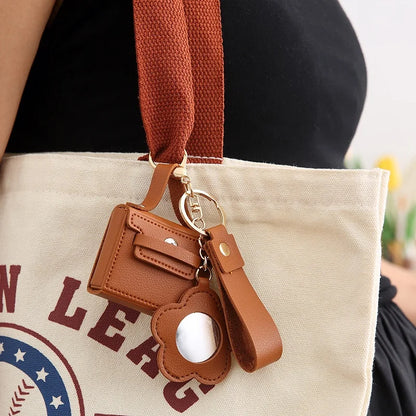 Zonyin PU Leather Mini Bag Storage with Flower Shape  Makeup Mirror Earphone Bag Keychain Pendant