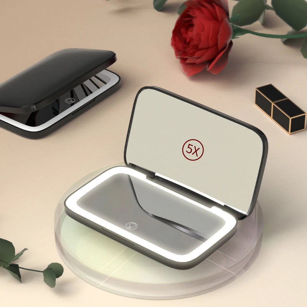 Zonyin Custom Logo Double-Side Handheld Makeup Mirror with Lights Travel Compact Portable Folding LED Rechargeable Square Mirror