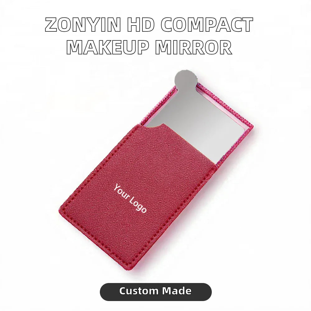 Zonyin Portable HD Single Personalized Stainless Steel Small Metal Makeup Mirror Customized Logo Gold Pu Leather Compact