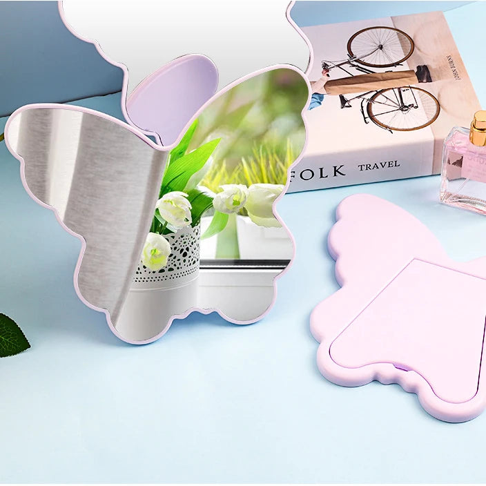 Zonyin Customized Logo Personalized Folding Desktop Cosmetic Mirror Large Cute Butterfly Shape Plastic Table Makeup Mirror