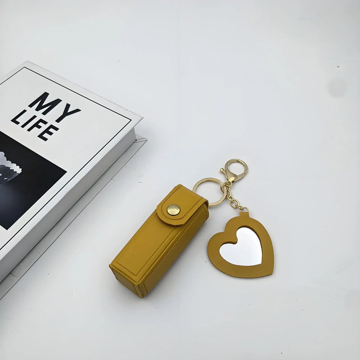 Zonyin High Quality Love Shape PU Leather Makeup Keychain Mirror Portable Heart Small Mirror and Lipstick Holder for Women Girls