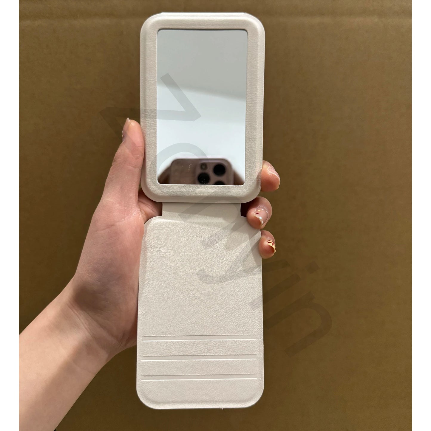 Zonyin Customized LOGO Travel Small Desktop Makeup Mirror White Portable Folding PU Leather Pocket Mirror for Women's Gift
