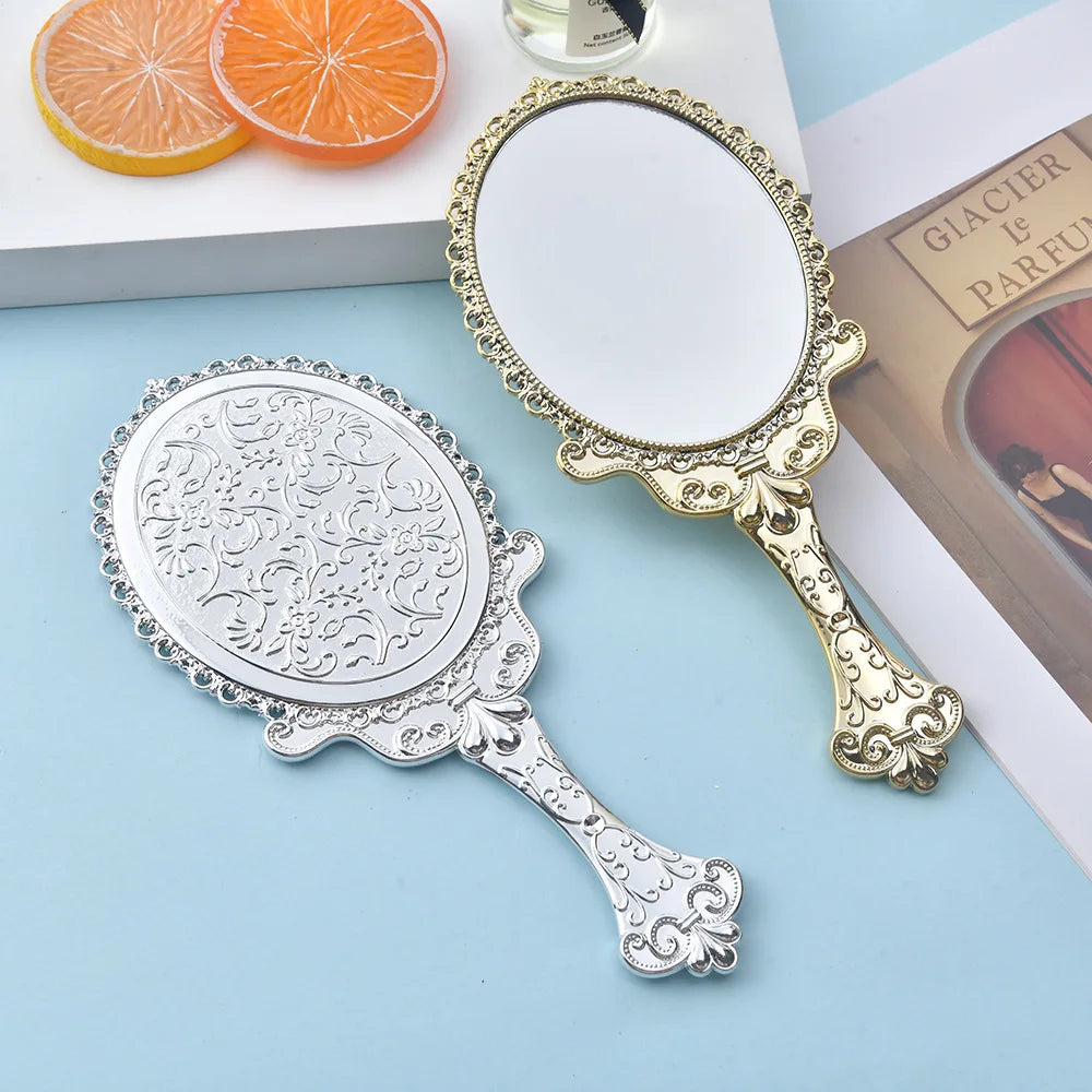 Zonyin Hot Sale Luxury Round Vintage Hand Travel Makeup Mirror Oval Plastic Electroplated Gold Retro Handheld Mirror With Handle