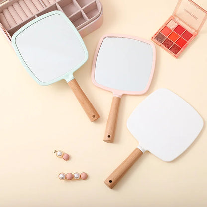 Zonyin Portable Personalized Plastic Round Square Heart Shape Handheld Wood Handle Makeup Mirror Pocket Hand Mirror for Beauty