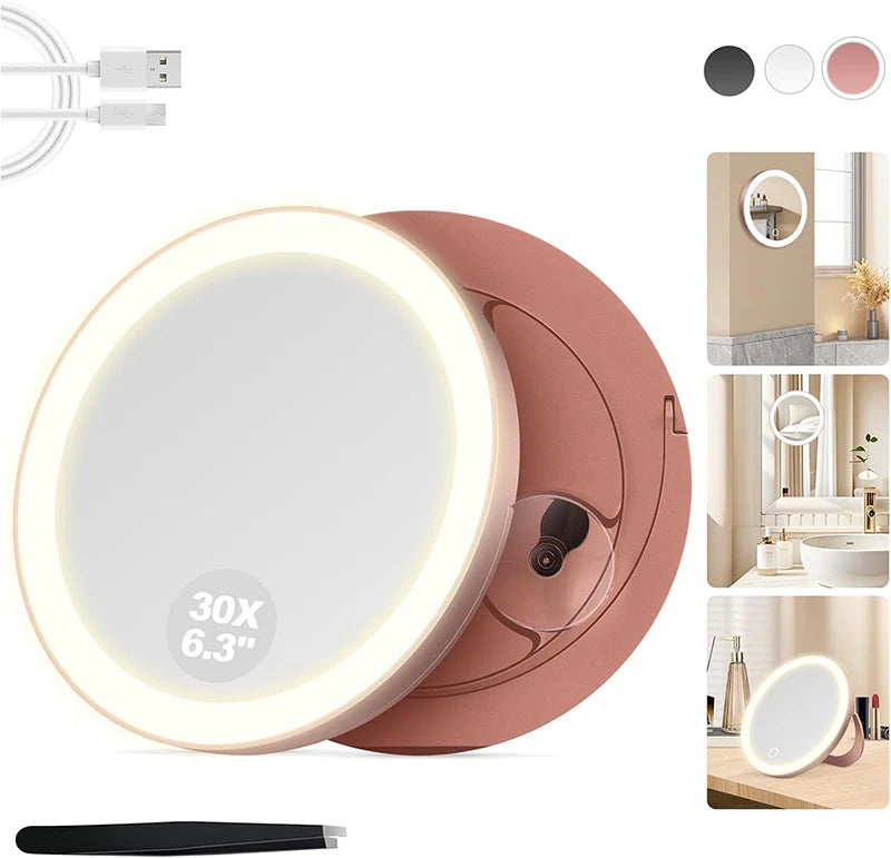 Zonyin Single Side 5X/10X Magnifying LED Light Round Cosmetic Mirror with 3 Suction Cups Personalized Wall Mounted Foldable