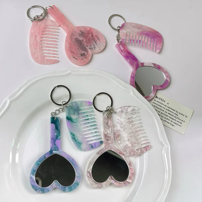 Zonyin 2in1Comb Mirror Set Multiple Colors Acetate Mini Heart Mirror Leopard Keychain Makeup Mirror Bag Pendant Accessories