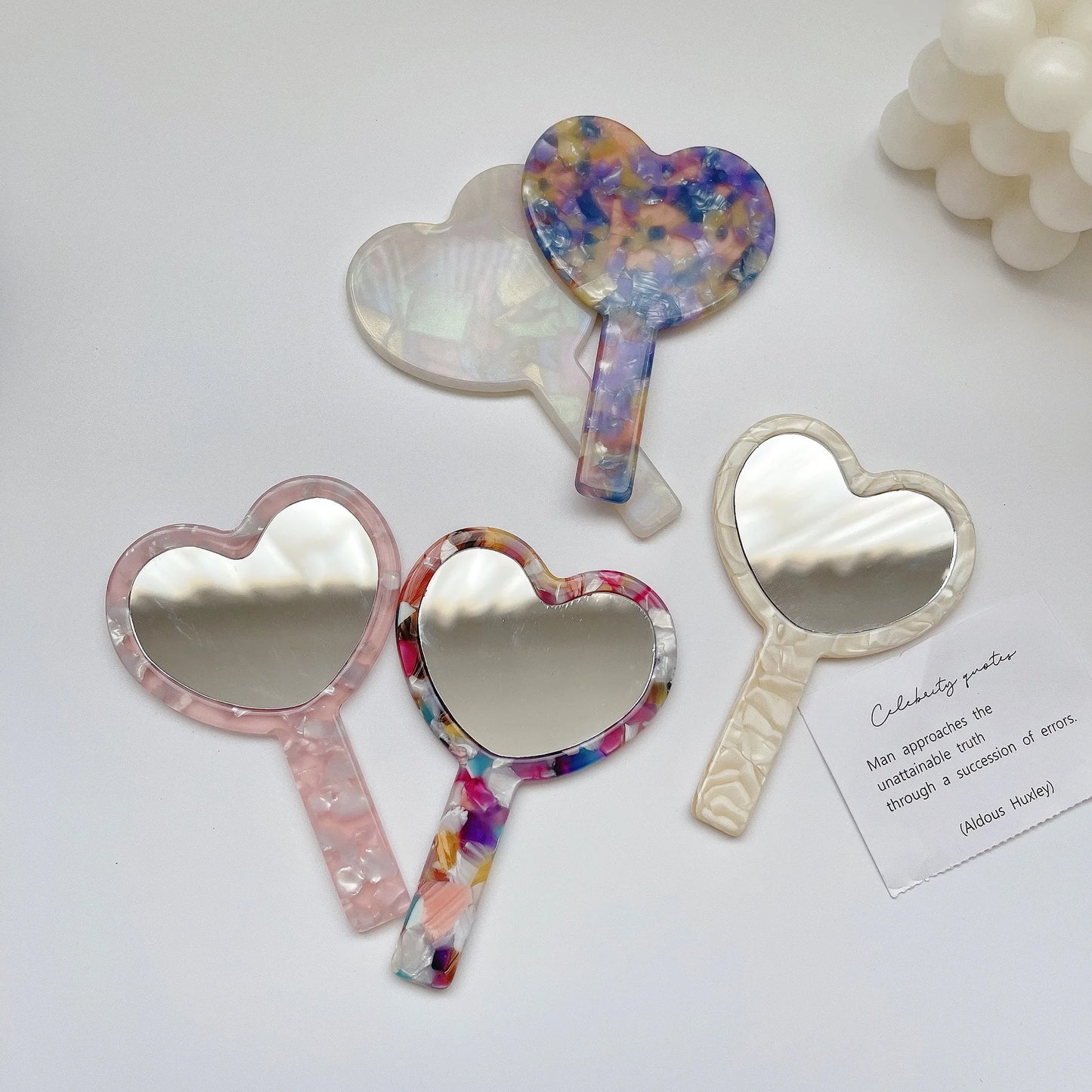 Zonyin Fashionable Heart-Shaped Cosmetic Mirror Cute Acetate Marble Finish Personalized Portable Makeup Mirror for Girls Travel