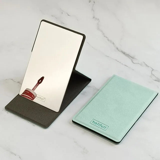Zonyin High Quality Folding Rectangle Pu Leather Standing Makeup Mirror Embossed Logo Portable Desktop Pocket Mirror for Travel