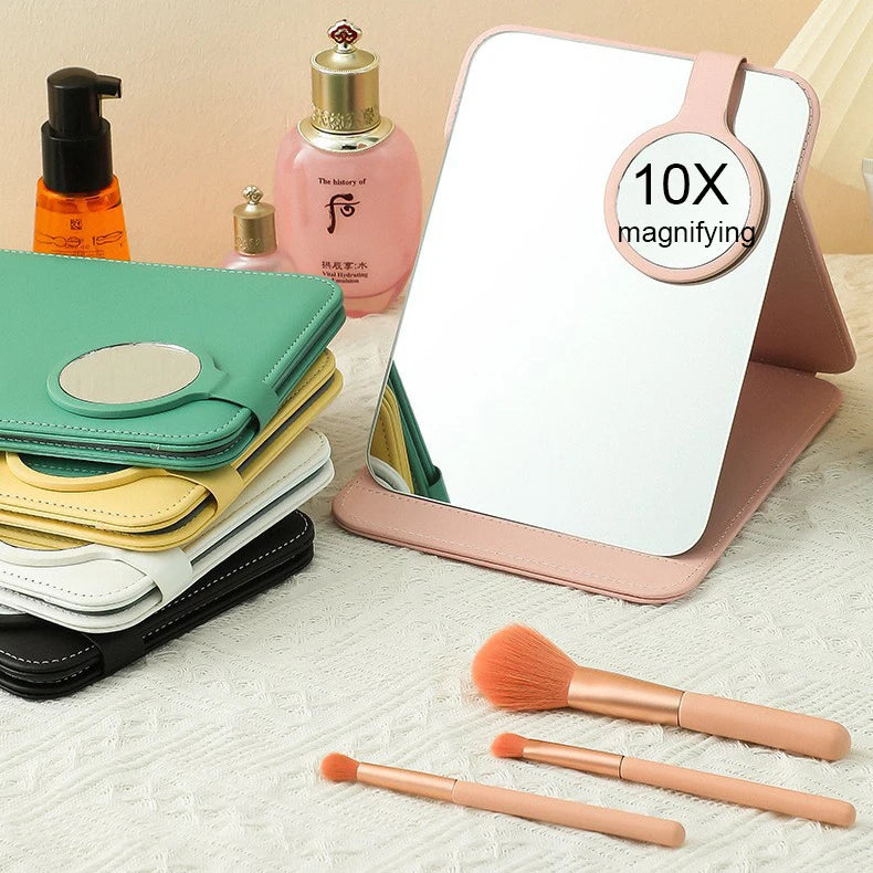 Zonyin High Quality Foldable Pu Leather Makeup Mirror Custom Logo Outdoor Portable Travel Mirror with 10X Magnifying Mirror