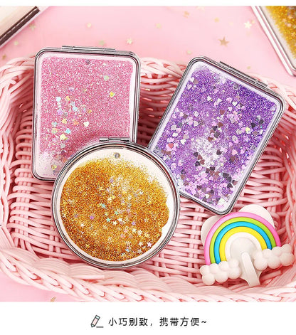 Zonyin Custom Logo Cute Portable Mini Pocket Makeup Compact Handheld Foldable Travel Mirror Double Sparkling Quicksand Small