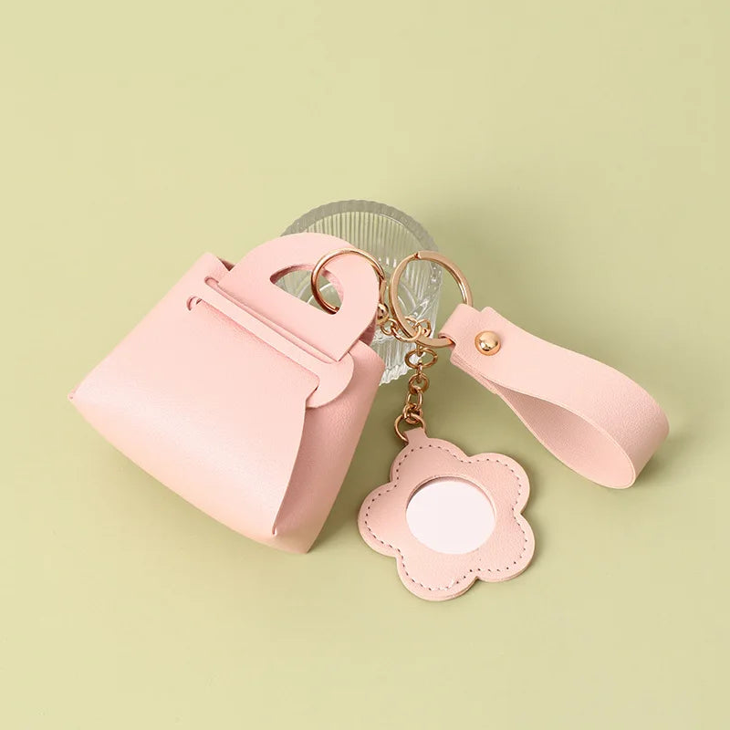 Zonyin Portable PU Leather Bag-Shaped Handheld Makeup Mirror with Keychain Mini Coin Purse Style Pocket Mirror
