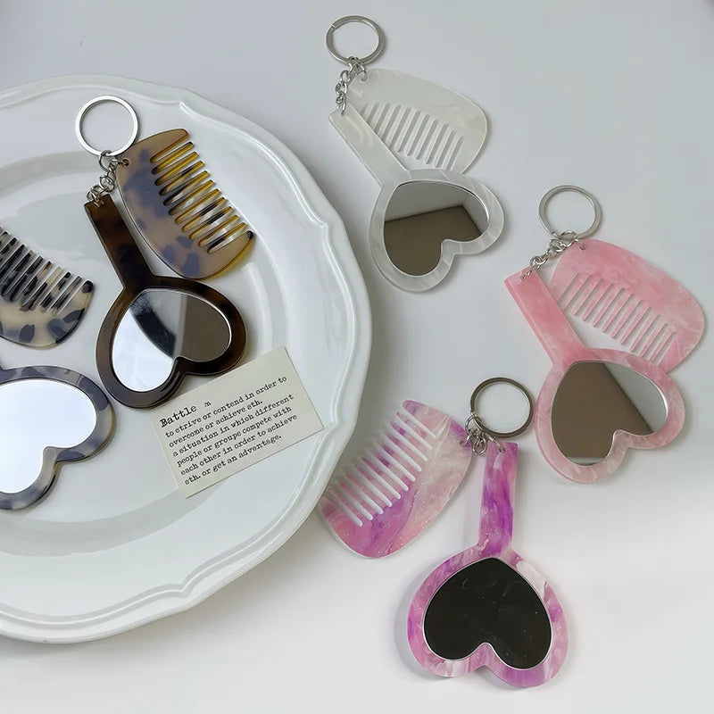 Zonyin 2in1Comb Mirror Set Multiple Colors Acetate Mini Heart Mirror Leopard Keychain Makeup Mirror Bag Pendant Accessories