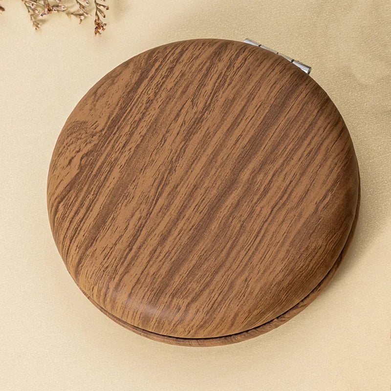 Zonyin Wood Grain PU Leather Makeup Mirror Portable Double Sided Folding Pocket Mirror Cute Compact Cosmetic Mirror for Gift