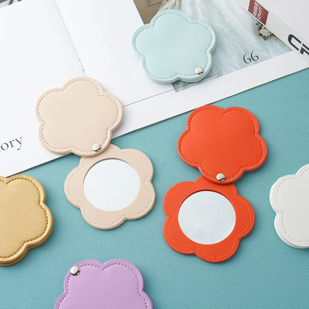 Zonyin New Arrival Flower Design White Pu Leather Makeup Mirror Customized Logo Portable Travel Pu Pocket Mirror for Women Girls
