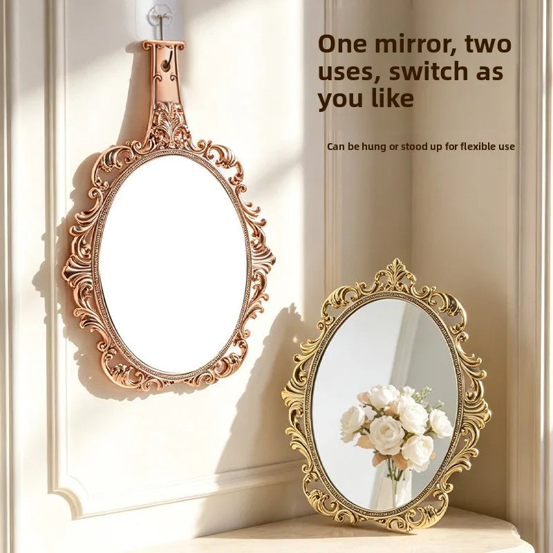 Zonyin European Vintage Carved Handheld Makeup Mirror High-Definition Glass Portable Vanity Mirror, Electroplated Hand Mirror