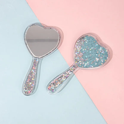 Zonyin Heart Shaped Compact Mirror Cute Transparent Quicksand Gift Hand Mirror Glitter Fro Girl Travel