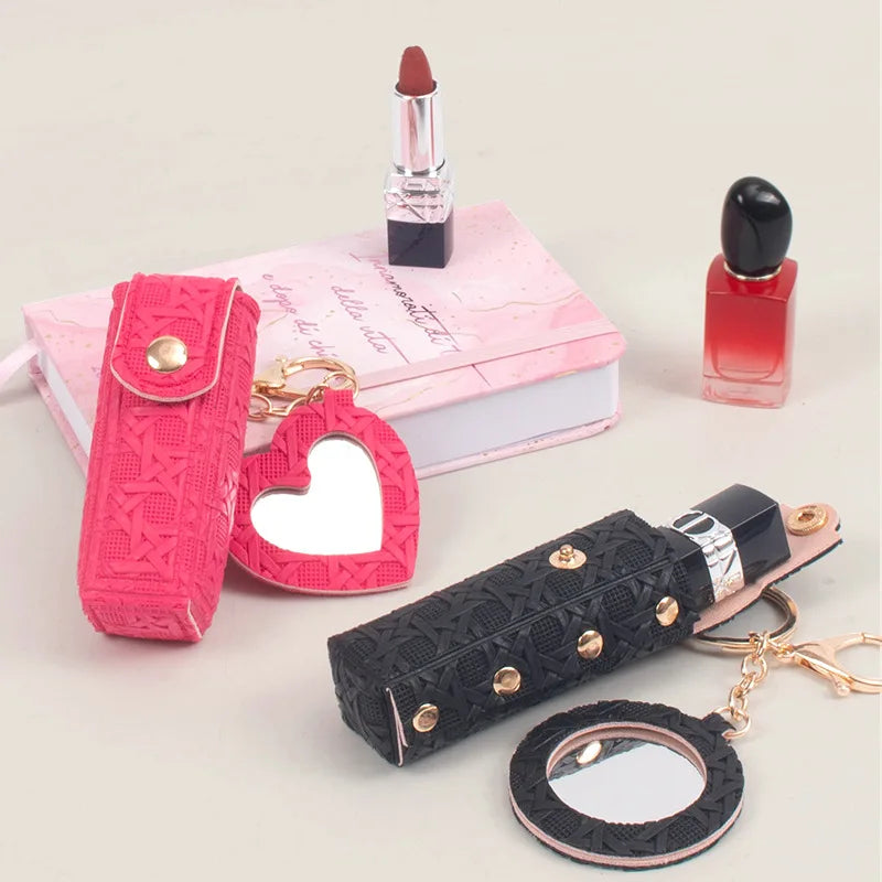 Zonyin New Arrive Pu Leather Small Makeup Mirror Mini Portable Leather Lipstick Holder Keychain for Women's Handbag Accessory