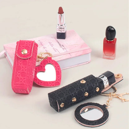 Zonyin New Arrive Pu Leather Small Makeup Mirror Mini Portable Leather Lipstick Holder Keychain for Women's Handbag Accessory