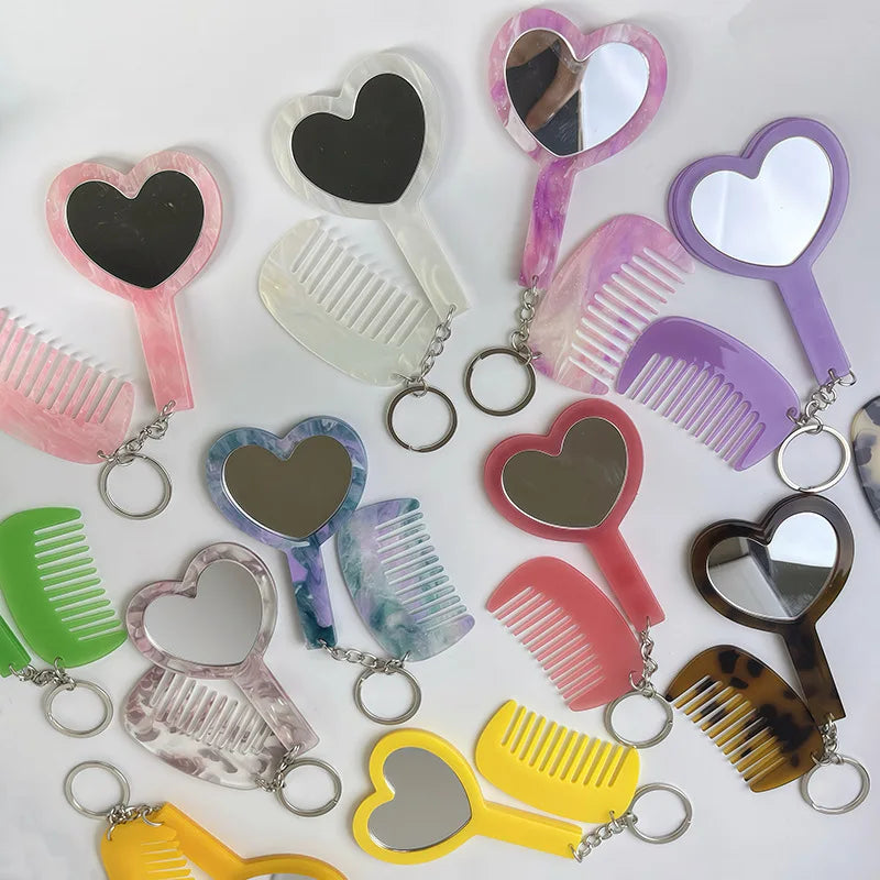 Zonyin 2in1Comb Mirror Set Multiple Colors Acetate Mini Heart Mirror Leopard Keychain Makeup Mirror Bag Pendant Accessories
