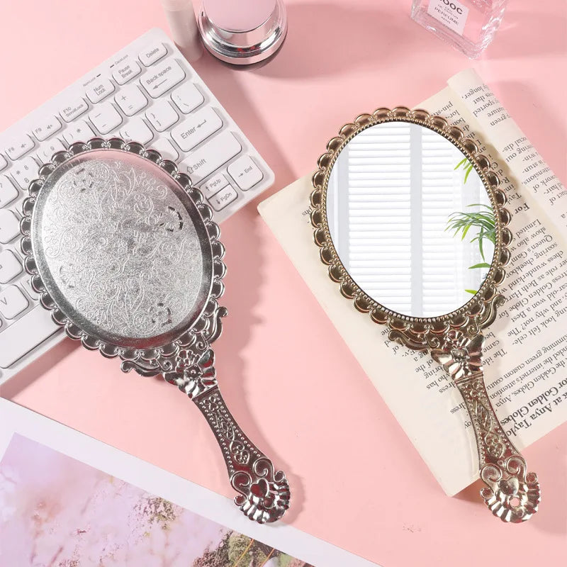 Zonyin Custom Logo Handheld Gold Oval Vanity Mirror Retro Electroplating Personalized Makeup Mirror for Wholesales