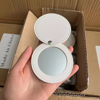 Zonyin Wholesale White Round Pocket Mirror Pu Leather Glass Small Travel Cosmetic Mirror for Women Girls