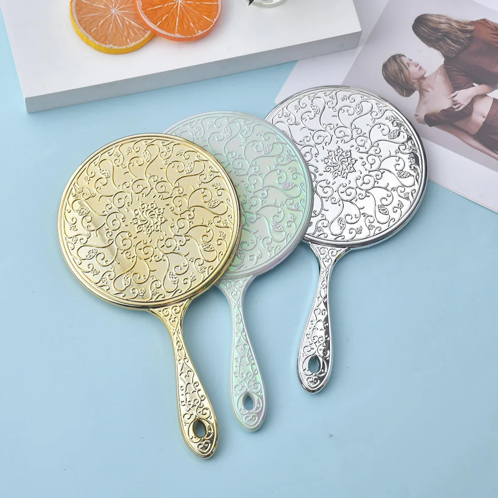 Zonyin Wholesale Luxury Handheld Vintage Round Mirror Custom Logo Plastic Silver Plating Makeup Mirror with Handle for Wedding