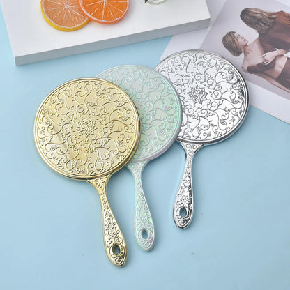 Zonyin Wholesale Luxury Handheld Vintage Round Mirror Custom Logo Plastic Silver Plating Makeup Mirror with Handle for Wedding