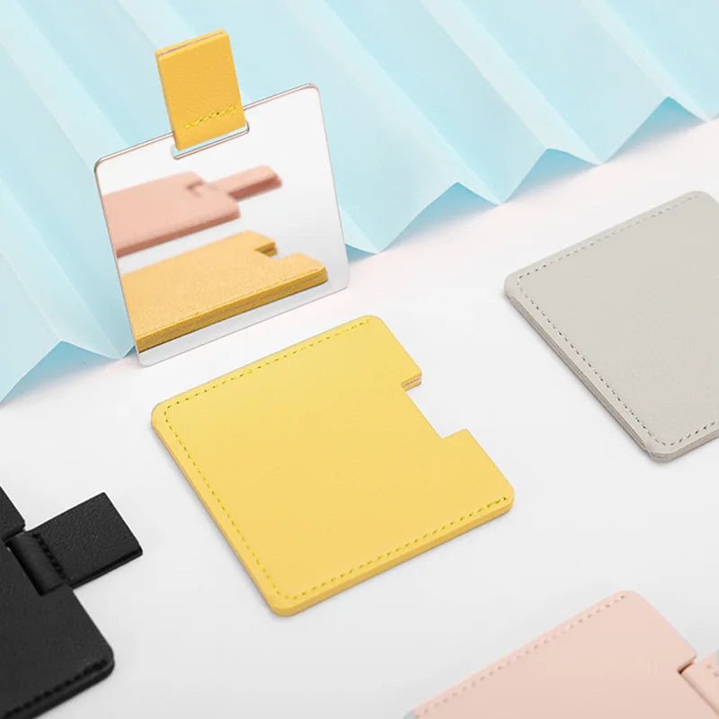 Zonyin Promotion Gift Cheap Square Shaped Pu Leather Small Mirror No Break Stainless Steel Metal Pocket Mirror with Custom Logo