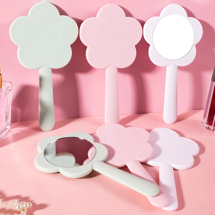 Zonyin Wholesale Custom Plastic Flower Shape HandHeld Mirror Small Round Pink Hand Held Makeup Mirror for Women Gift