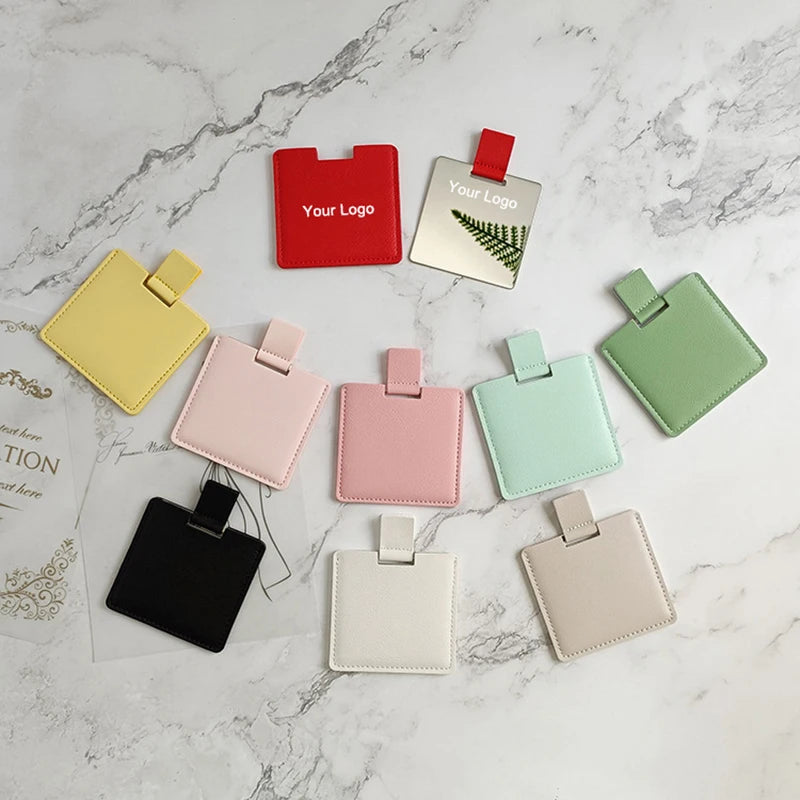 Zonyin High Quality Pink Square Shape Pocket Mirror Engraved Logo Small Pu Leather Metal Travel Cosmetic Makeup Mirror for Women