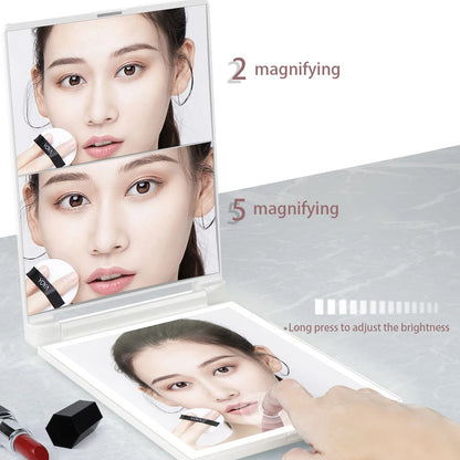 Zonyin Portable Led Light Mirror Travel Desktop Makeup Mirror Cosmetic Compact 1X 2X 5X Magnifying Table Mirror with Led Light