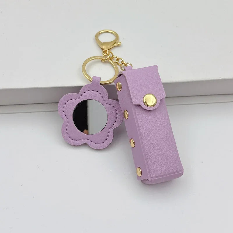 Zonyin PU Leather Flower Shaped Portable Mini Makeup Mirror With Lipstick Holder for Women Cosmetic Mirror Keychain  Accessories