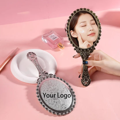 Zonyin Custom Logo Handheld Gold Oval Vanity Mirror Retro Electroplating Personalized Makeup Mirror for Wholesales