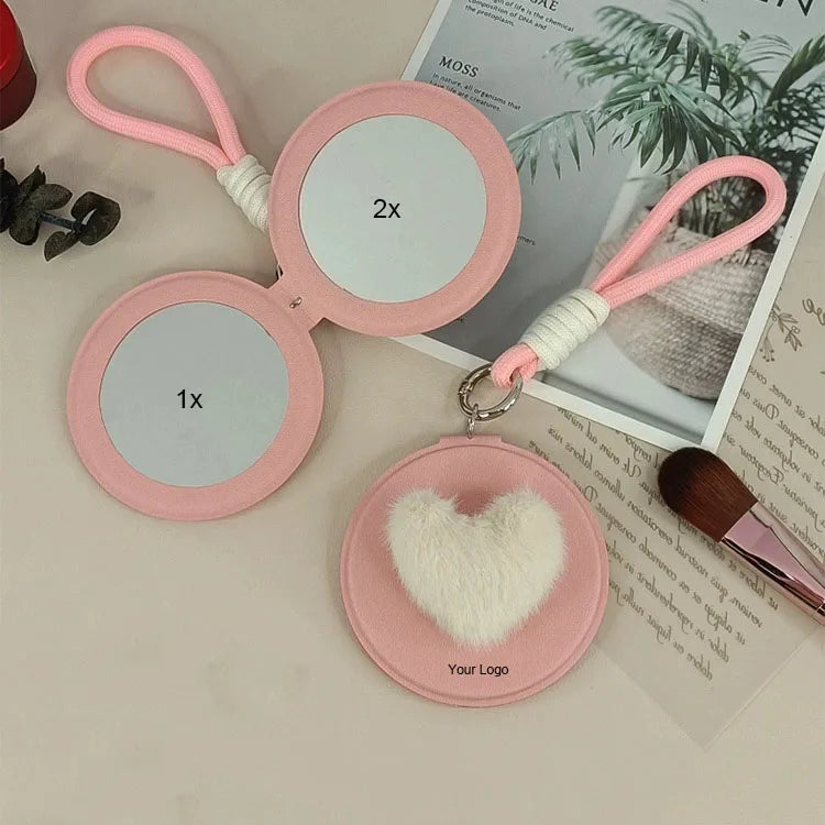 Zonyin New Design Cute Pink Double Sided Round Small Pocket Mirror 1x 2x Magnifying Compact Mirror With Pu Leather Hanging Rope