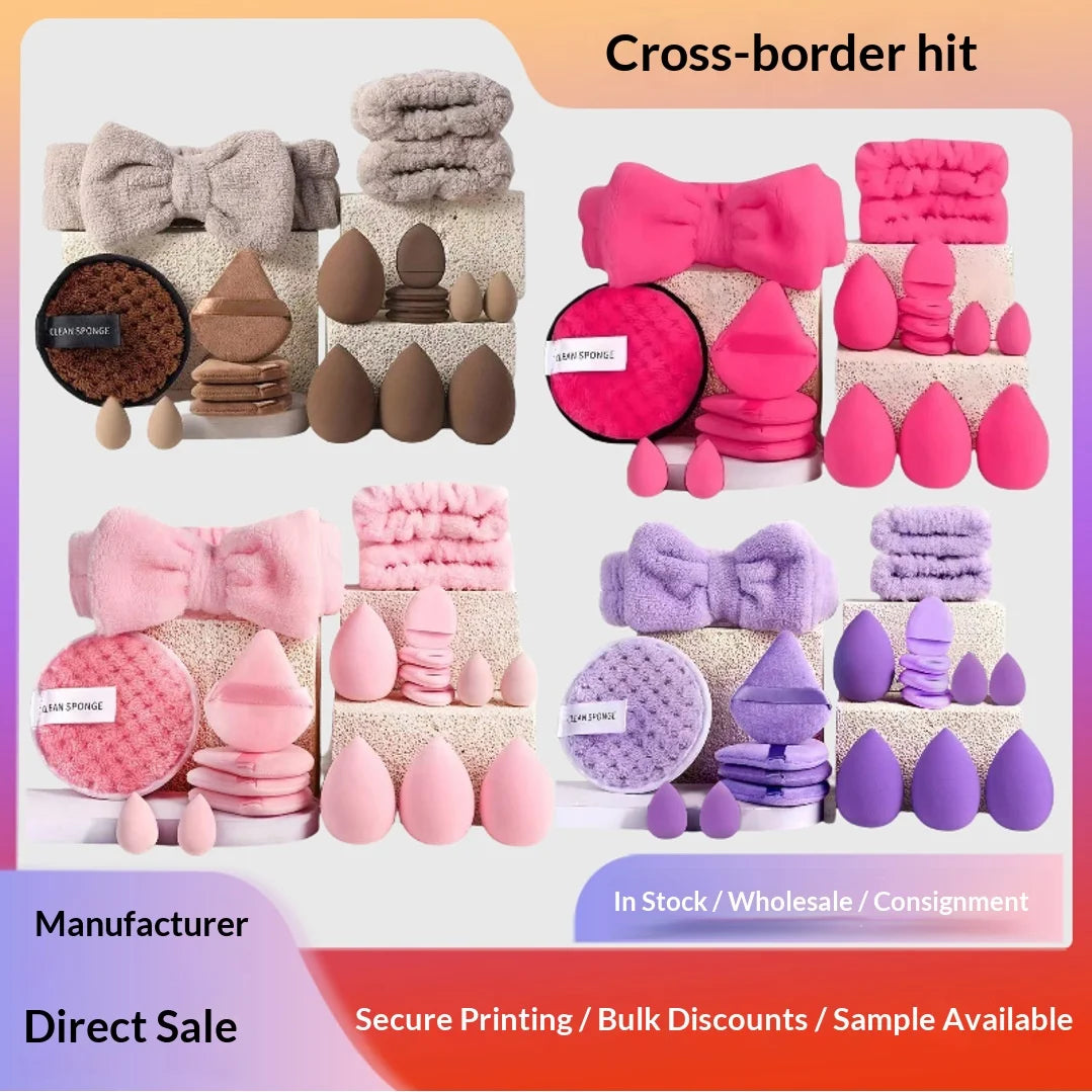 20pcs/set Wholesale Dual-Sided Soft Puffs Reusable Cosmetic Wrist Straps Facial Cleansing Set Washable Hair Bands Makeup Remover