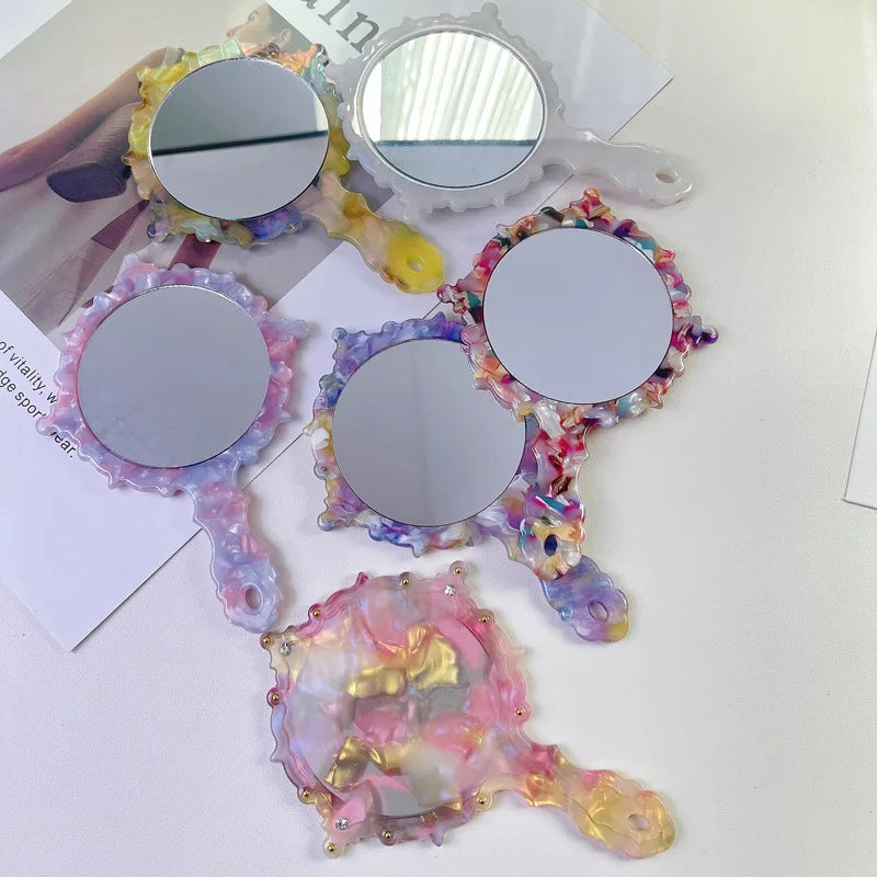 Zonyin Wholesale Diamond Pattern Acetate Makeup Mirror Portable Handle Handheld Cosmetic Mirror Colorful Women for Daily Use