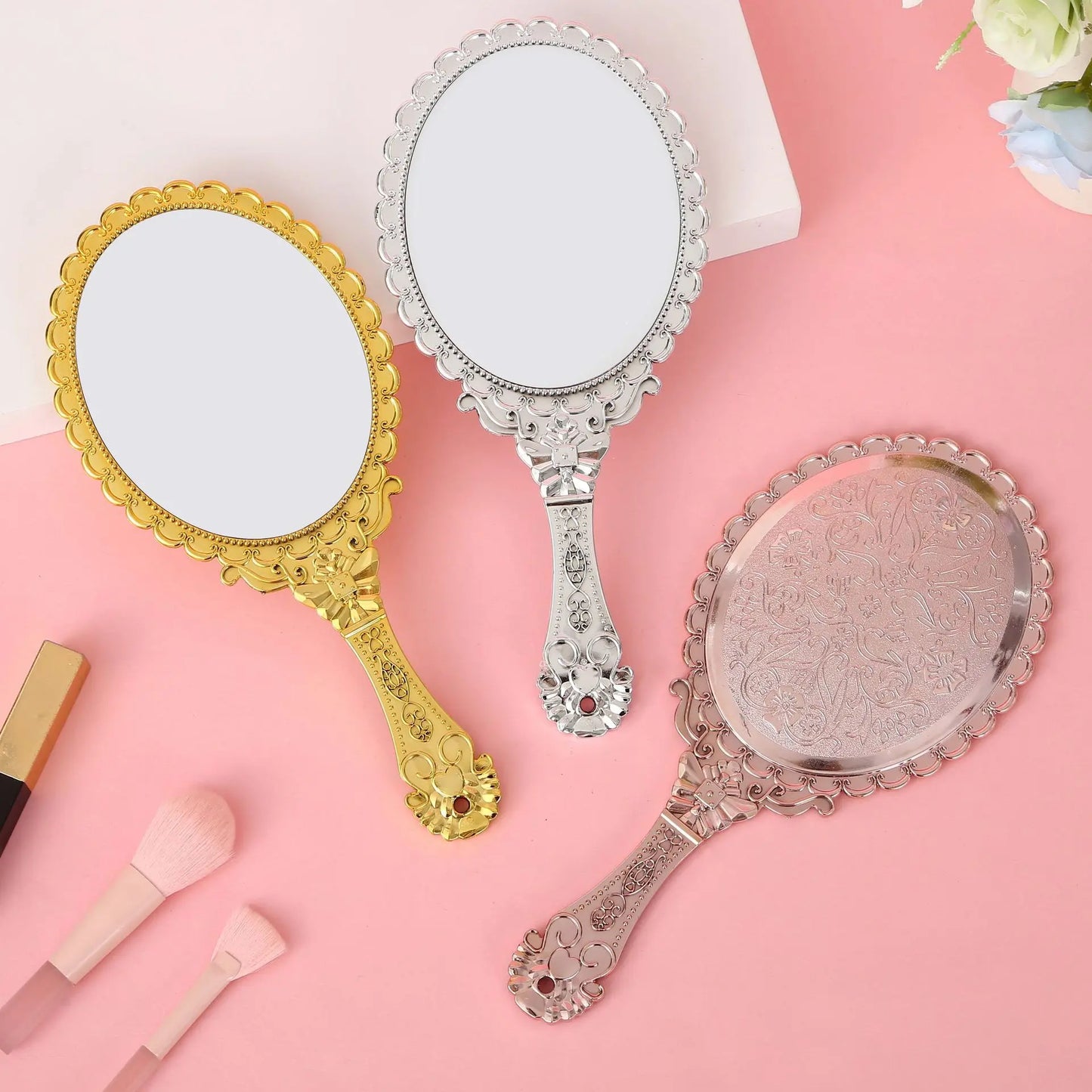 Zonyin Gold Vintage Handheld Makeup Mirror Goldplated Plastic Hand Personalized Portable Cosmetic Vanity Mirror for Wedding