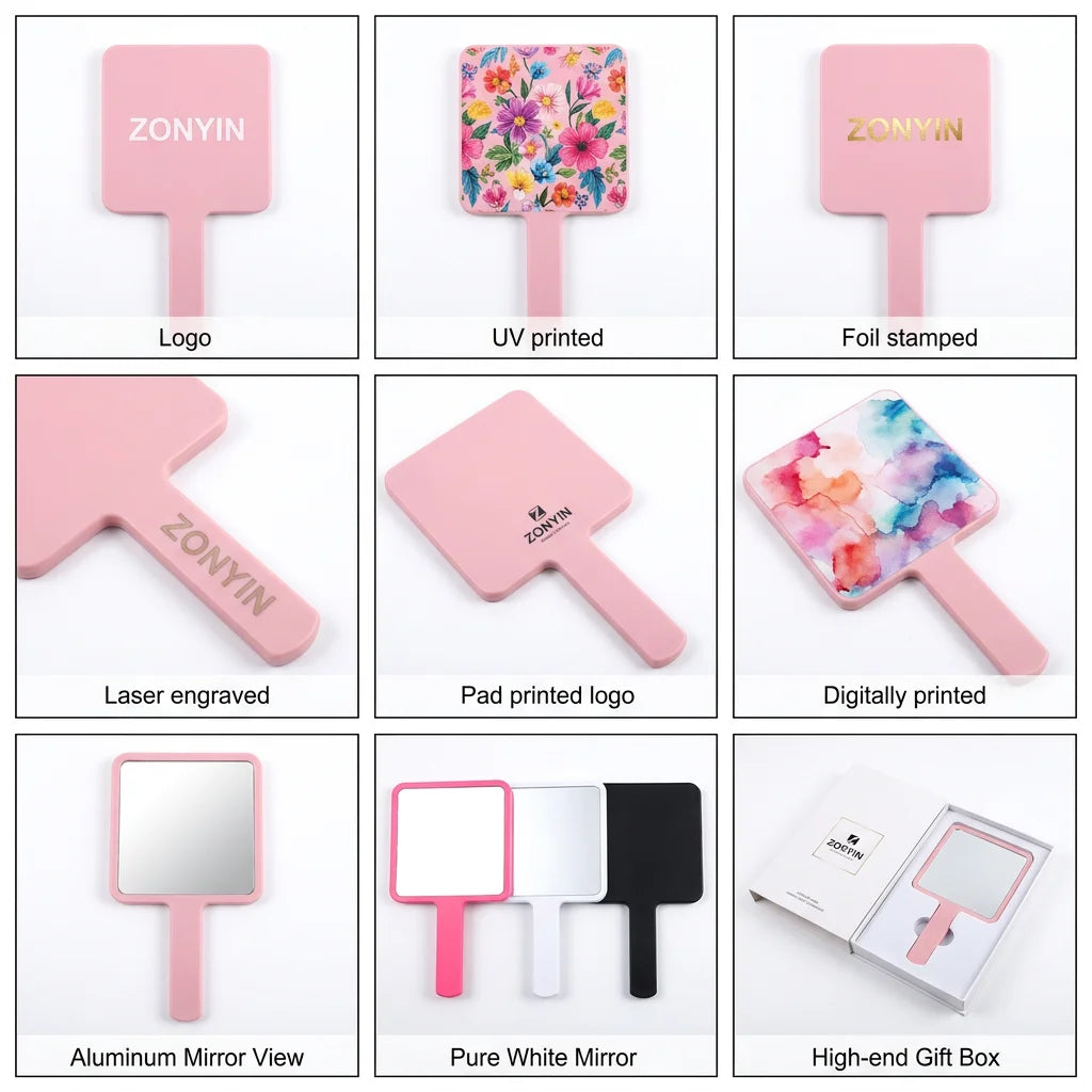 Zonyin Wholesale 5 Sizes Custom Logo Square Handheld Mirror Portable Small Makeup Mirror Compact Cosmetic Mirror with Logo