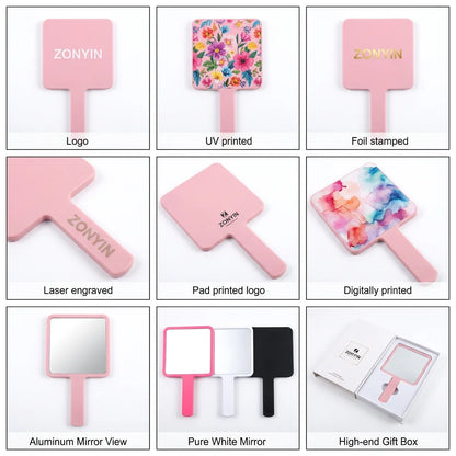 Zonyin Wholesale 5 Sizes Custom Logo Square Handheld Mirror Portable Small Makeup Mirror Compact Cosmetic Mirror with Logo