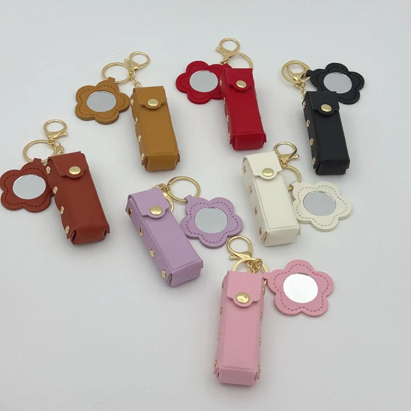 Zonyin PU Leather Flower Shaped Portable Mini Makeup Mirror With Lipstick Holder for Women Cosmetic Mirror Keychain  Accessories
