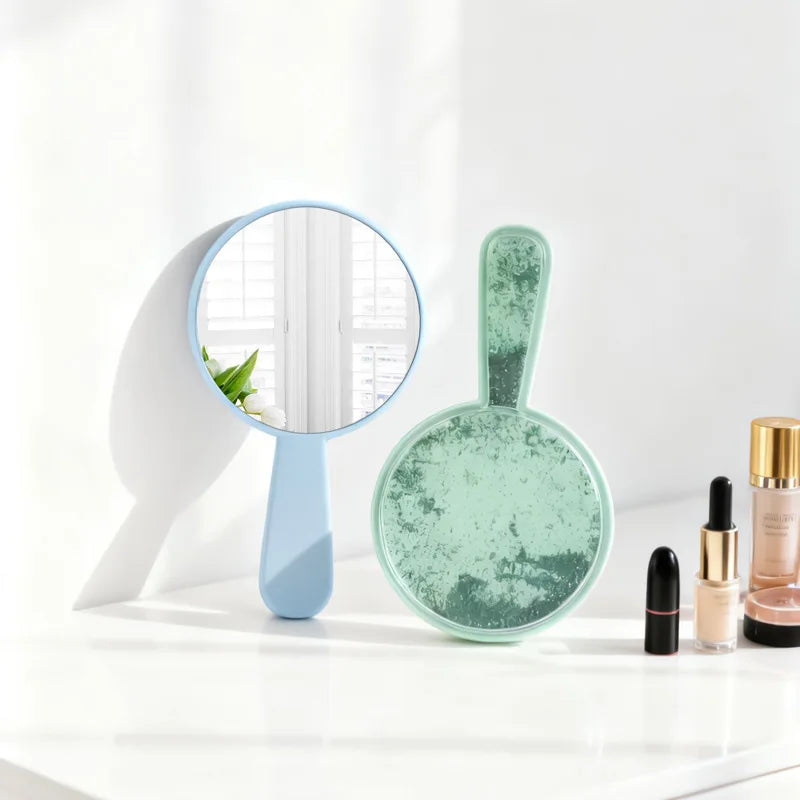 Zonyin New Shiny Quicksand Portable Handheld Makeup Mirror Plastic Round Cute Hand Makeup Mirror for Woman Girls