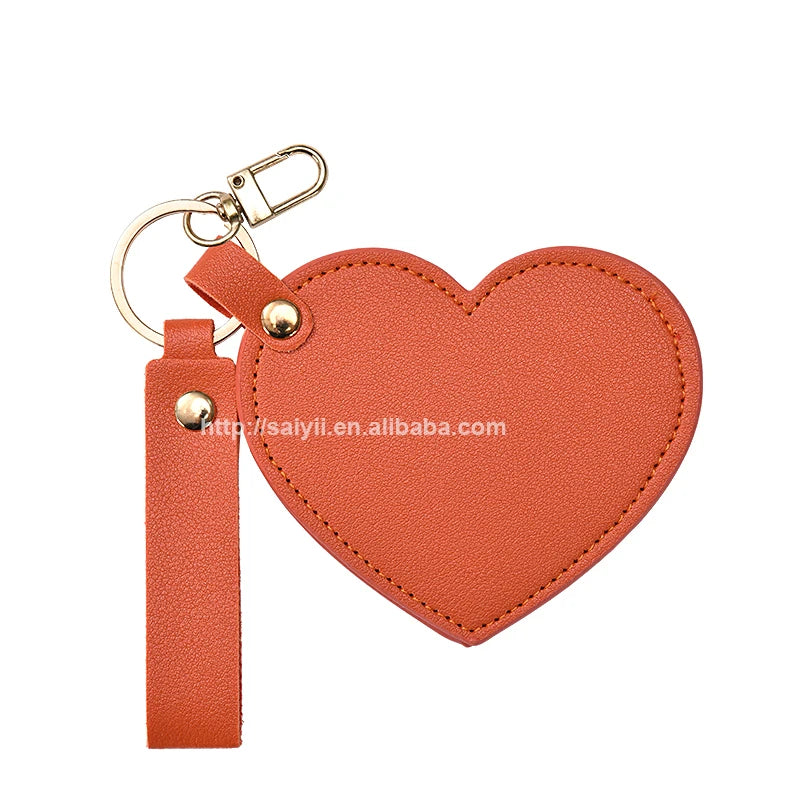 Zonyin Custom Logo Heart Shape Keychain Mirror with Pu Leather Case Portable Cute Small Compact Cosmetic Mirror for Travel