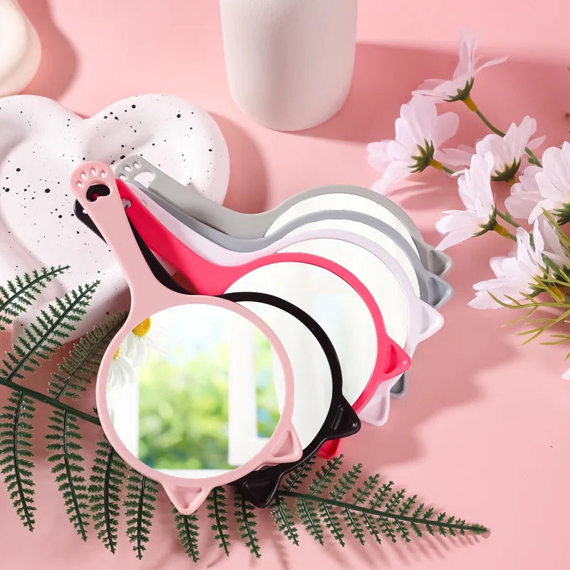 Zonyin Custom Logo Label Cat Shaped Handheld Makeup Mirror Portable Round Handle Cosmetic Mirror Personalized Features for Girls