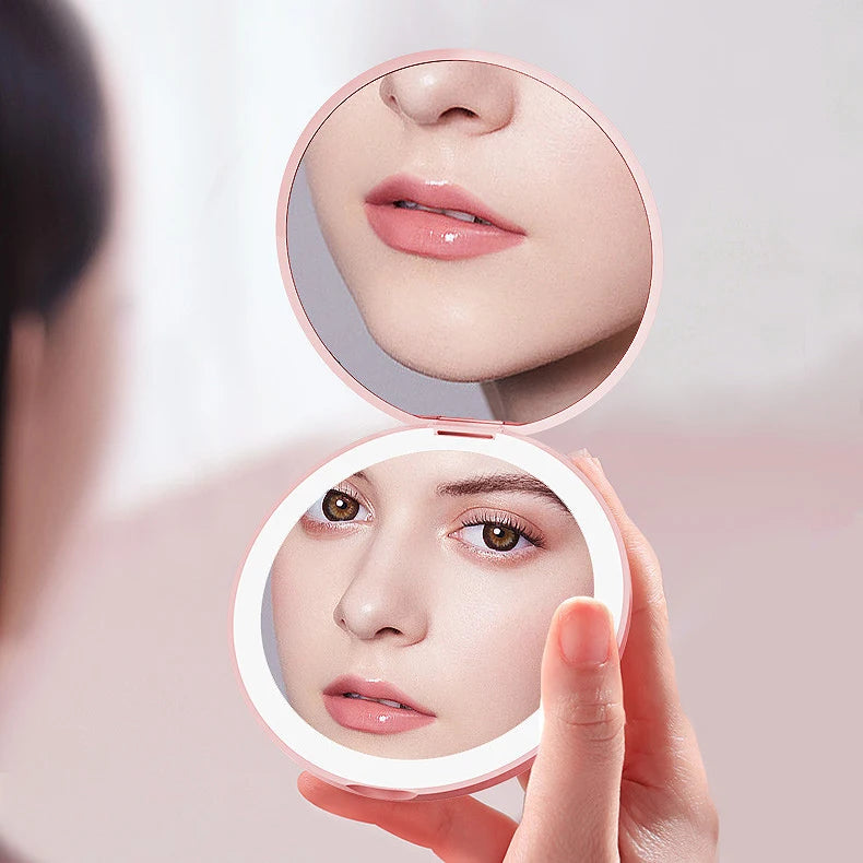 Zonyin Round 2X Magnifying LED Foldable Cosmetic Mirror Double Sided Lights Portable Compact Pocket Mirror with Custom logo