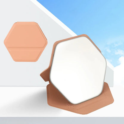 Zonyin New Hexagonal Shape Portable Desktop Small TravelMirror Custom Logo Folding PU Leather Pocket Standing Mirror for Women