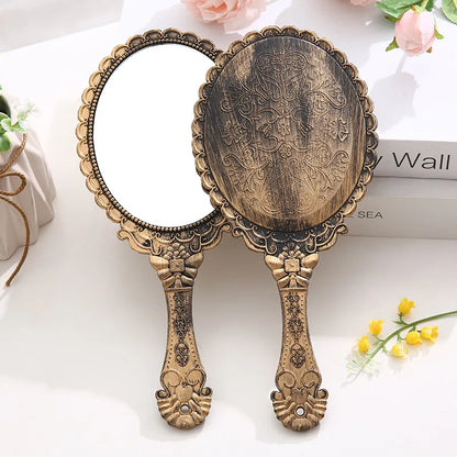 Zonyin High Quality Gold Oval Handheld Makeup Mirror Custom Logo Vanity Retro Hand Held Cosmetic Mirror for Women Girls Gift